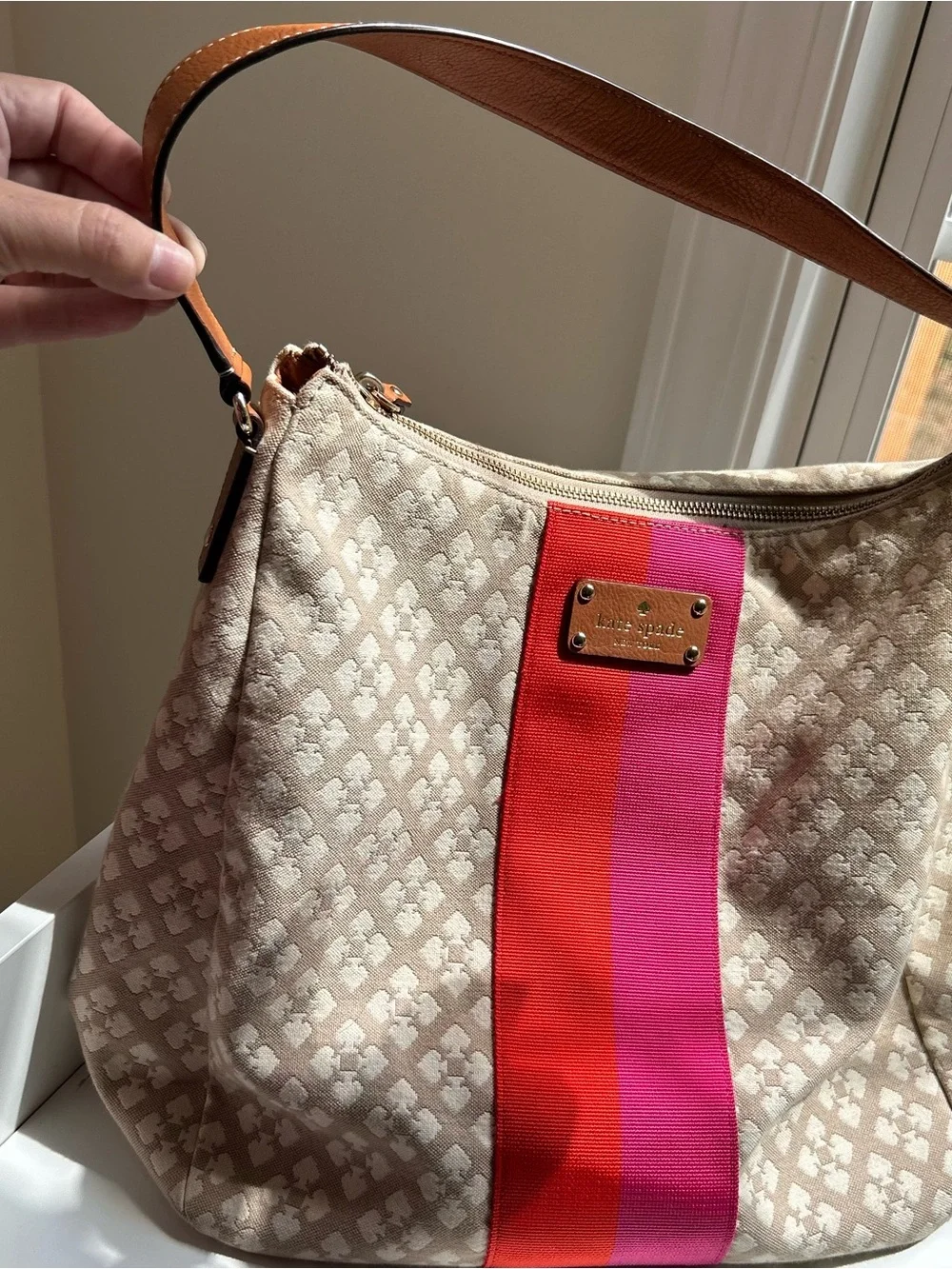 Kate Spade “Mona” Beige Patterned Hobo with Pink and Red Stripe